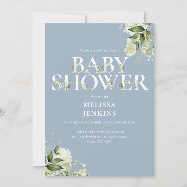 Invitación Chico Dusty Blue Greenery Código QR Baby Shower (Anverso)