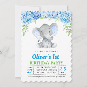 Invitación Chico Elefante Azul 1er Primer 2do Cumpleaños