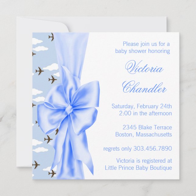 Invitación Chico Elegante de Avión Azul para Baby Shower (Anverso)