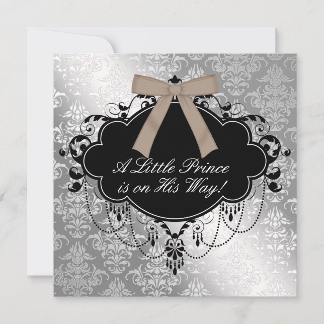 Invitación Chico Elegante de Baño de Plata y Marrón (Anverso)