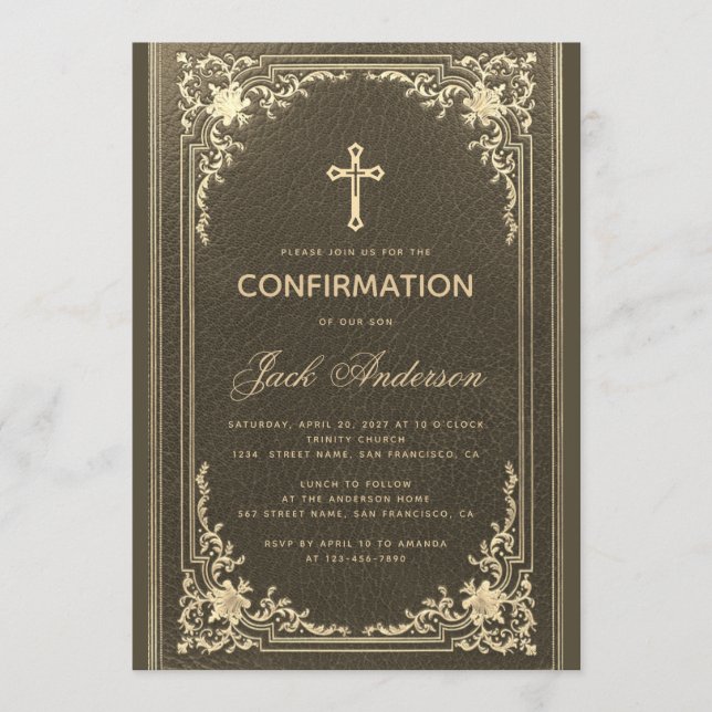 Invitación Chico Elegante de Confirmación con Letra Cursiva D (Anverso)