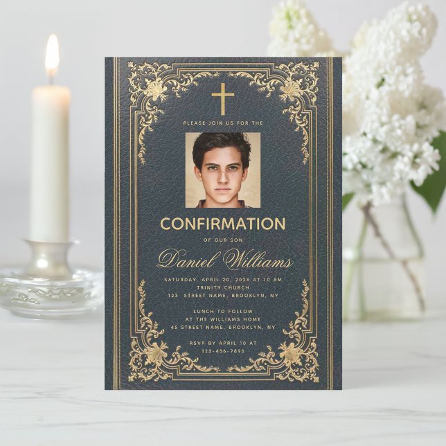 Invitación Chico Elegante Foto Azul Dorado Antiguo Confirmaci (Subido por el creador)