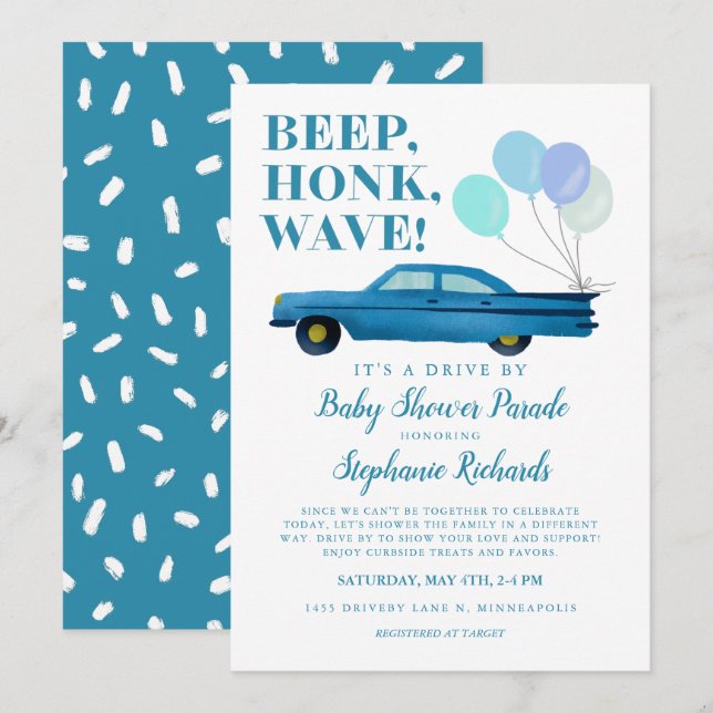 Invitación Chico En Coche Azul De Baby Shower (Anverso / Reverso)
