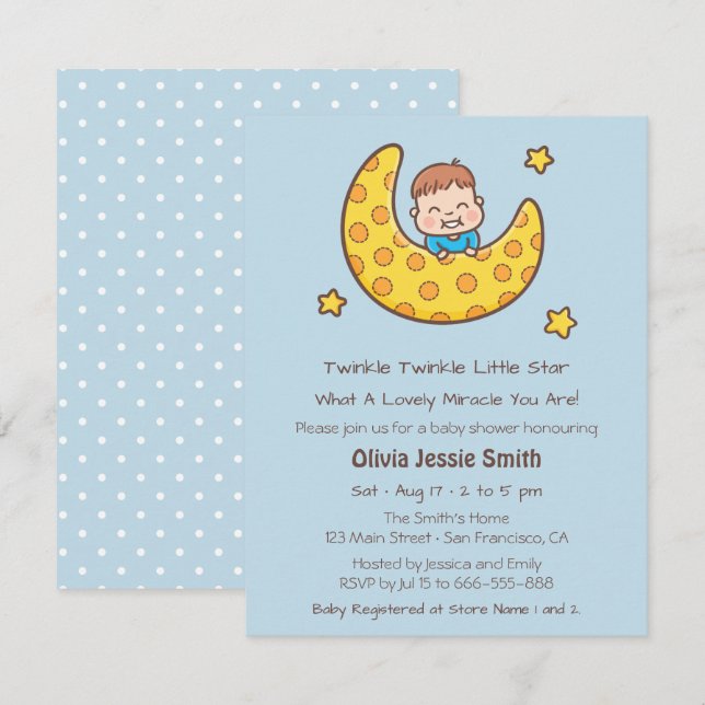 Invitación Chico en la luna Twinkle Little Star Baby Shower (Anverso / Reverso)