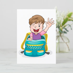 Invitación Chico en mochila agitando a un chico de una escuel