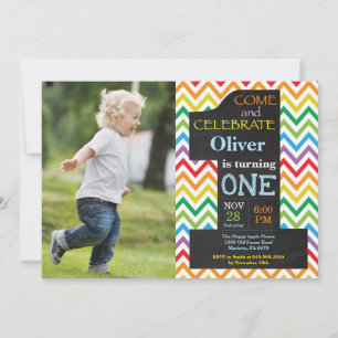 Invitación Chico en su 1er Cumpleaños Arcoíris Pizarra Foto