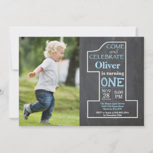 Invitación Chico en su 1er cumpleaños Foto en Pizarra Azul