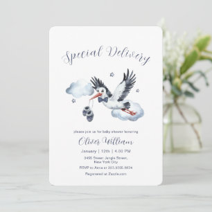 Invitación Chico Entrega Especial Vintage Cigüeña Baby Shower