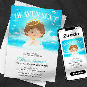 Invitación Chico Enviaron del Cielo Ángel Adorable Azul Fiest