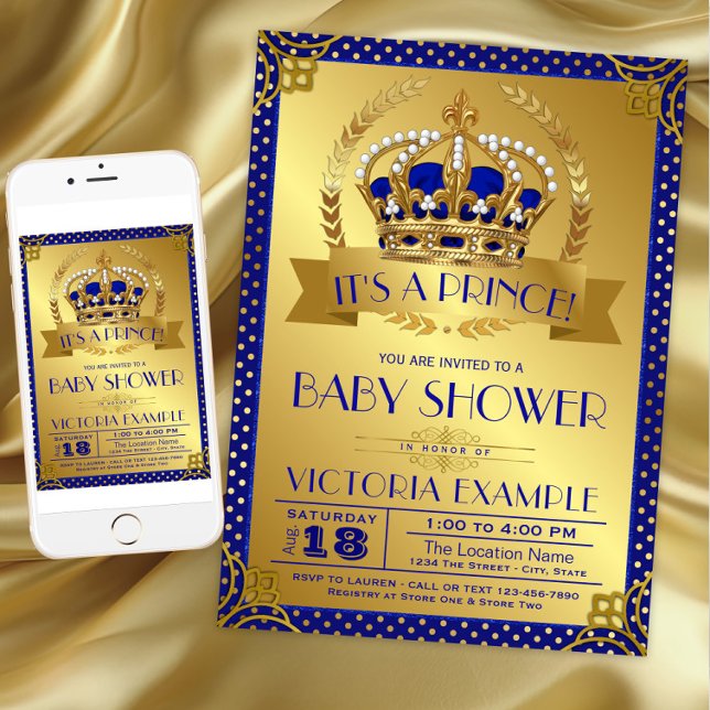 Invitación Chico Fancy Royal Azul Dorado Baby Shower (Fancy Royal Blue Gold Prince Baby Shower Invitation. Download and printed invitations available.)