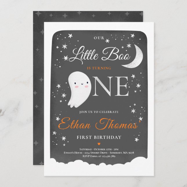 Invitación Chico Fantasma Little Boo Fiesta Cumpleaños Hallow (Anverso / Reverso)