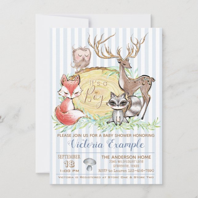 Invitación Chico Fiesta de Bebé Animal del Bosque (Anverso)
