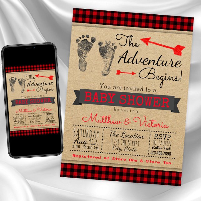 Invitación Chico Fiesta de Bebé de Cuadros Búfalo (Buffalo plaid baby shower invitation. Instant download and printed invitations available.)