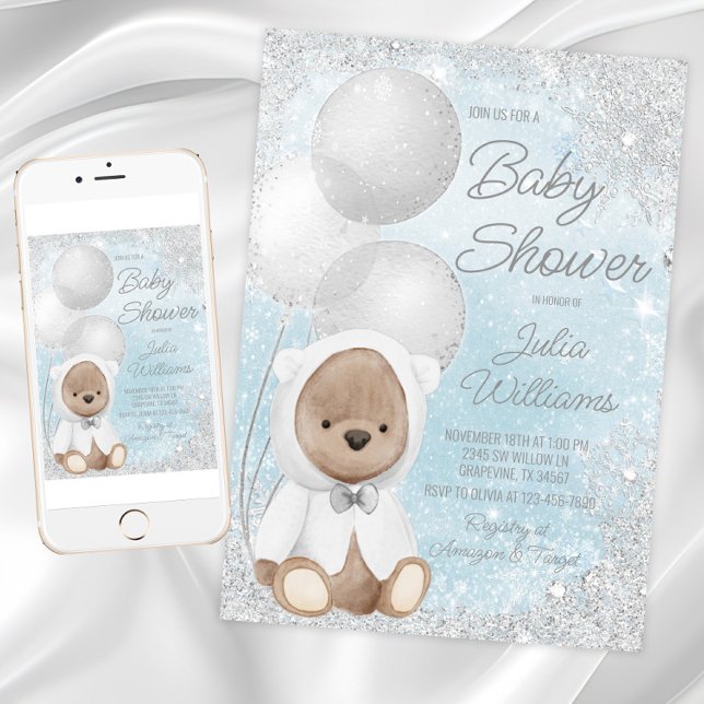 Invitación Chico Fiesta de Bebé Osito de Navidad (Boy winter wonderland baby shower invitation with cute winter bear on a snowflake background.)