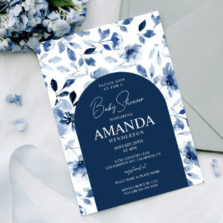 Invitación Chico Floral Baby Shower Azul Marino y Polvoriento