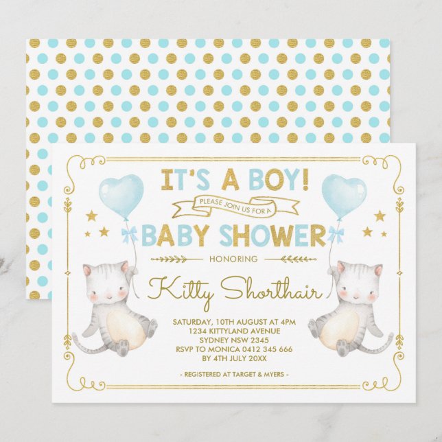Invitación Chico gato Baby Shower Gato Gato Gato Amante Azul  (Anverso / Reverso)