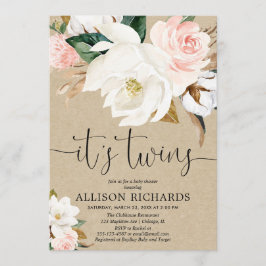 Invitación Chico gemelo chica blanco rosado kraft rústico duc