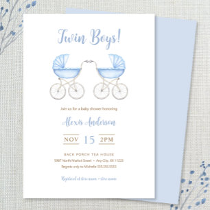 Invitación Chico Gemelos con Cochecitos Azules Baby Shower