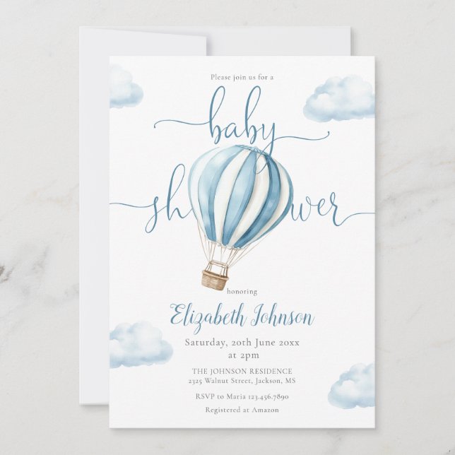 Invitación Chico Globo Aerostático Azul Baby Shower (Anverso)