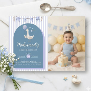 Invitación Chico Globo Ganso Azul Foto del Primer Cumpleaños