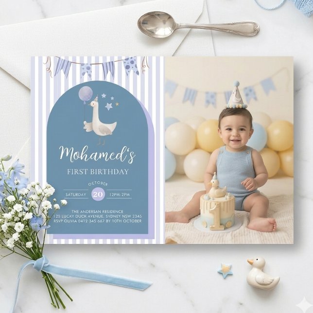 Invitación Chico Globo Ganso Azul Foto del Primer Cumpleaños (Subido por el creador)