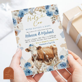 Invitación Chico granja vaca boho azul Baby Shower