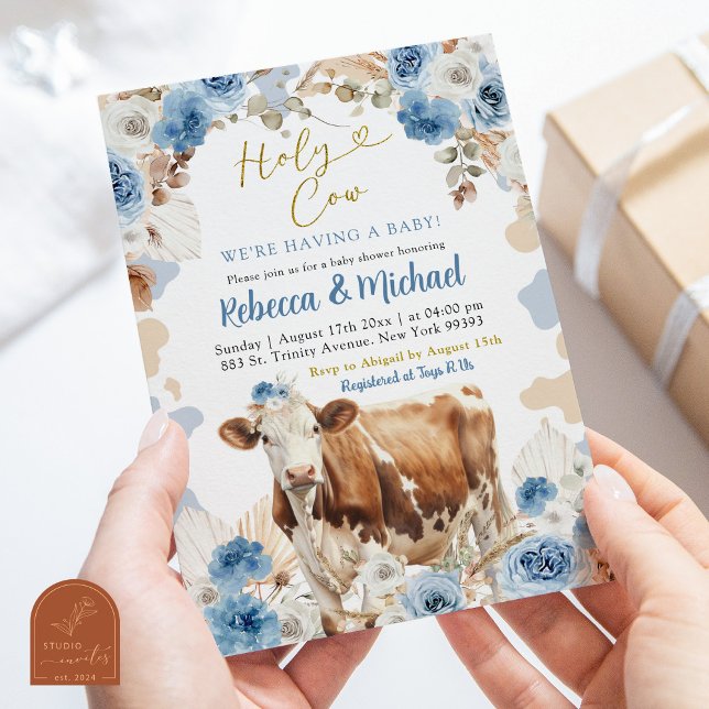Invitación Chico granja vaca boho azul Baby Shower (Subido por el creador)