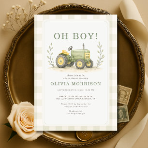 Invitación Chico Granjero Tractor Baby Shower en Cuadros