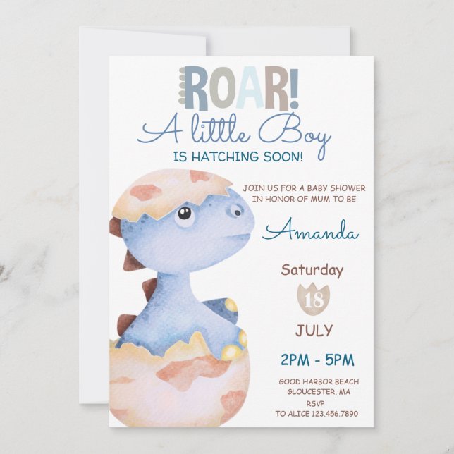 Invitación Chico hateando pronto dinosaurio Baby Shower (Anverso)