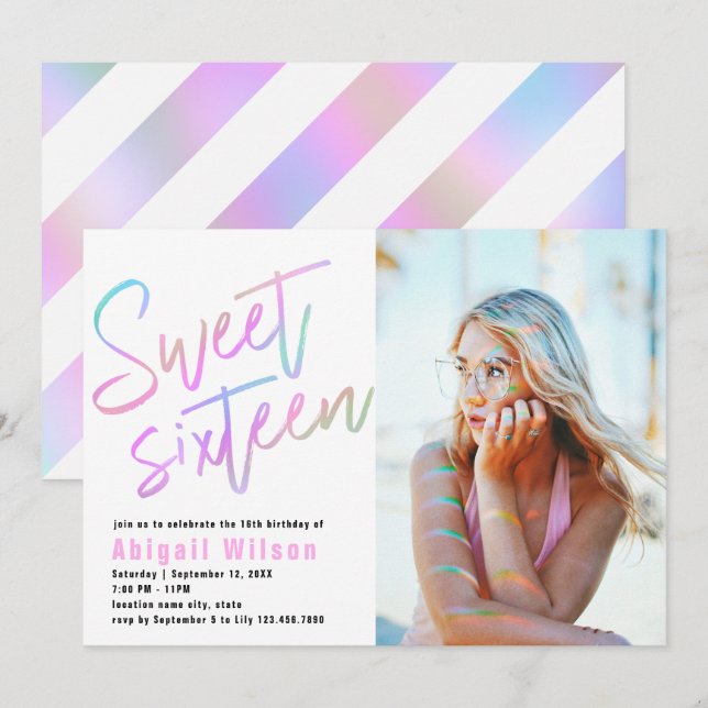 Invitación Chico holográfico moderno de dieciséis años (Anverso / Reverso)
