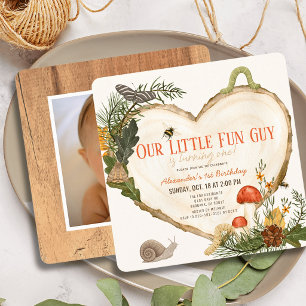 Invitación Chico Hongo Rebanada de Madera Cumpleaños 1 Foto