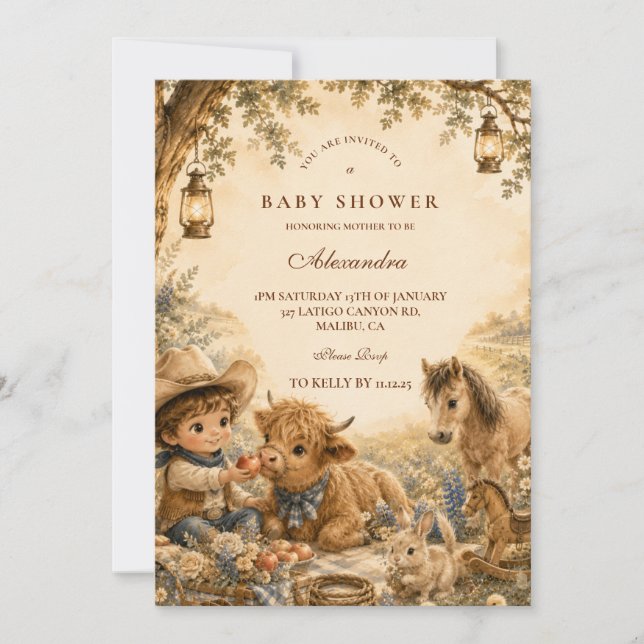 Invitación Chico Intemporal Occidental Boho Baby Shower (Anverso)