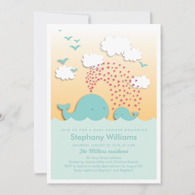 Invitación Chico invitado a Baby Shower de ballenas azules (Anverso)