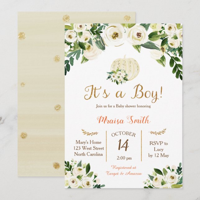 Invitación Chico invitado de Baby Shower de calabaza dorada b (Anverso / Reverso)