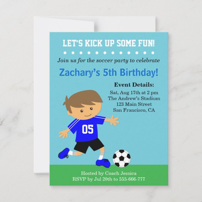 Invitación Chico Lindo de Fútbol, Fiesta de Cumpleaños con Te (Anverso)