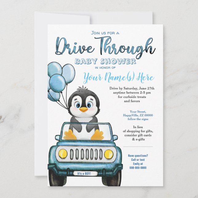 Invitación Chico manejando a través de Baby Shower Pingüino e (Anverso)