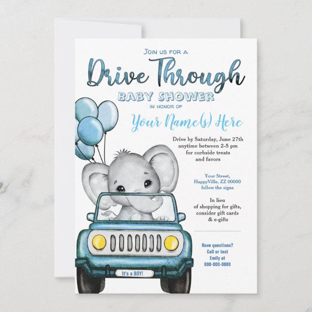 Invitación Chico manejando elefante de Baby Shower en auto (Anverso)
