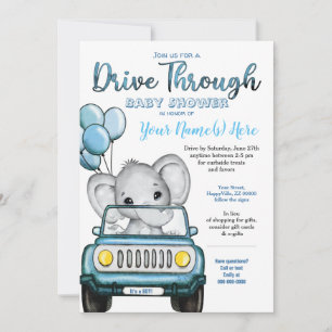 Invitación Chico manejando elefante de Baby Shower en auto