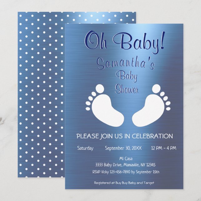 Invitación Chico moderno Oh Baby Shower Foot Print (Anverso / Reverso)