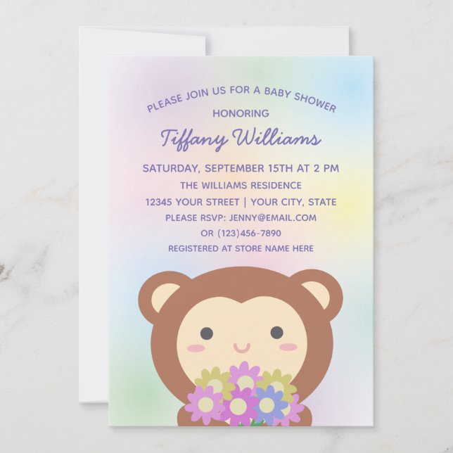 Invitación Chico mono y flores ducha de bebé sin distinción d (Anverso)