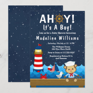 Invitación Chico Náutico Mono Rojo y Azul Marino Baby Shower