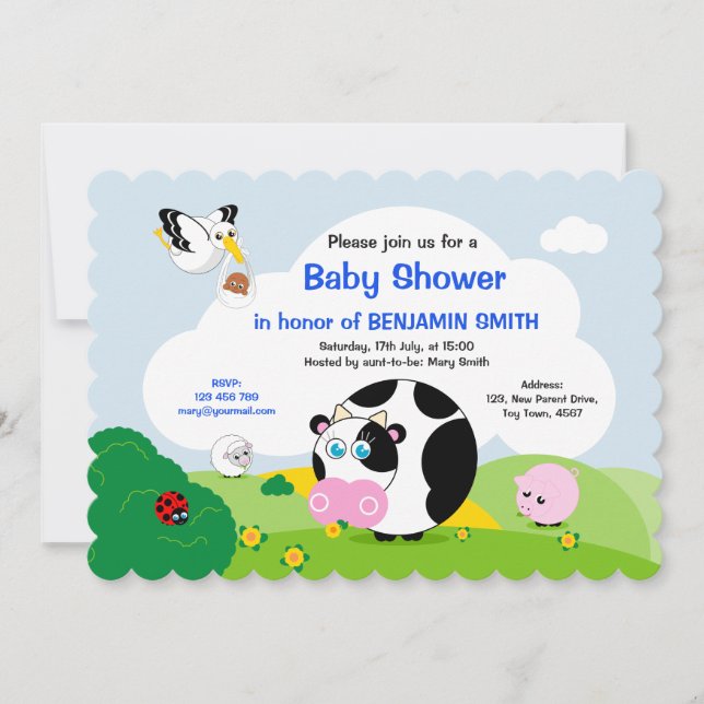 Invitación Chico negro Baby Shower: Vaca blanca y negra, (Anverso)