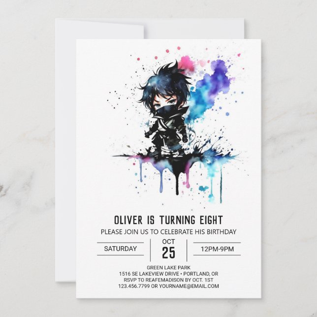 Invitación Chico Ninja de Fantasía Personalizado Cumpleaños D (Anverso)