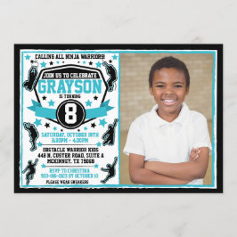 Invitación Chico Ninja Warrior Negro y Foto Azul Teal