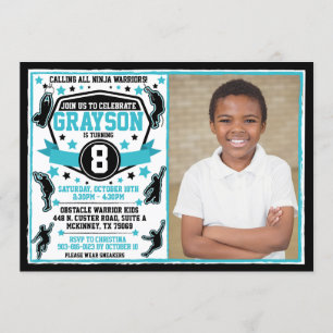 Invitación Chico Ninja Warrior Negro y Foto Azul Teal