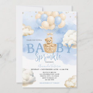 Invitación Chico Nube Globo Oso Neutral Azul Baby Shower
