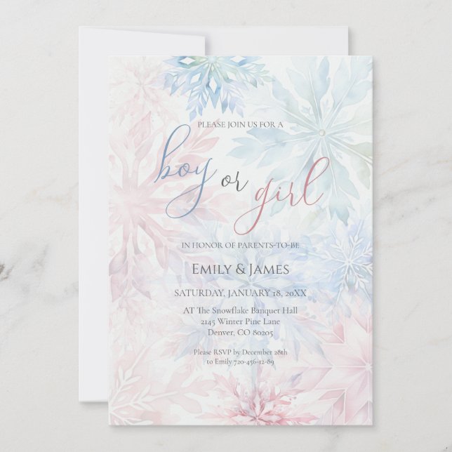Invitación Chico o Chica copo de nieve azul rosa en invierno (Anverso)