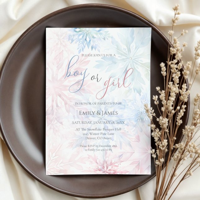 Invitación Chico o Chica copo de nieve azul rosa en invierno (Subido por el creador)