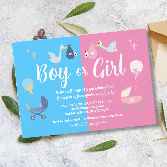 Invitación Chico o Chica Fiesta de revelación de género rosa  (Boy or Girl Modern Blue Pink Gender Reveal Party Invitation
)