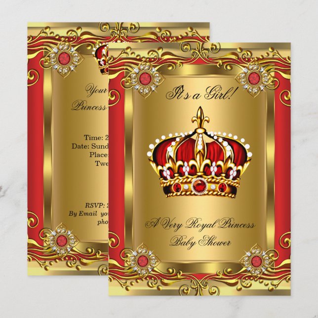 Invitación Chico o Chica Royal Baby Shower Regal Red Gold 2 (Anverso / Reverso)